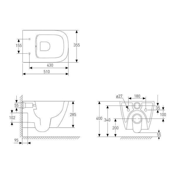SOLO Rectangular унітаз підвісний, сидіння тверде Slim slow-closing 51*35,5*33 см 13-55-111 фото